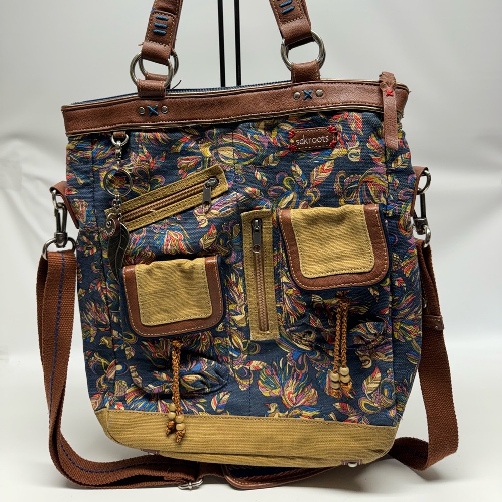 SAKROOTS Canvas Utility Shoulder Bag Campus Very Large Good Condition Blue Birds